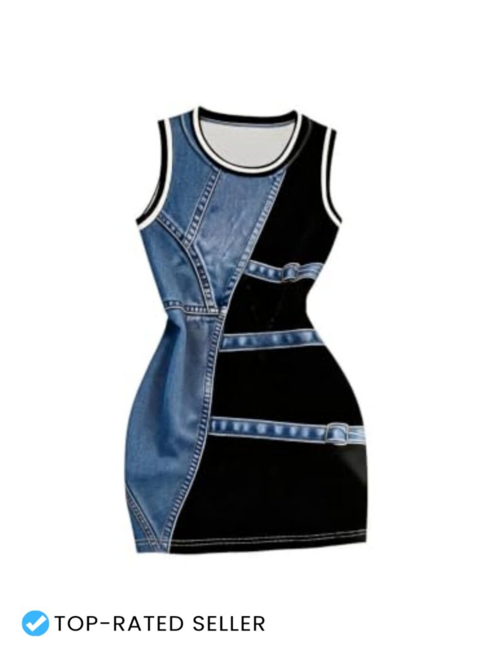 Women's Bodycon Mini Dress Sleeveless Denim Print Contrast Trim